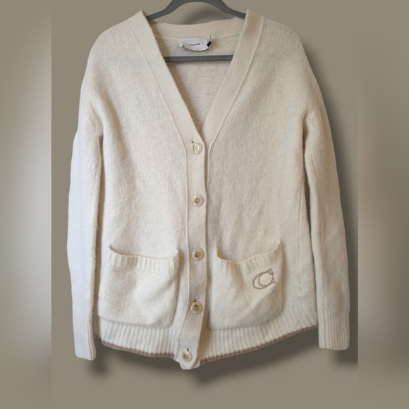 Coach Sweaters - Coach Cream 100% Wool V-Neck Button-Up Knit Sweater Cardigan Embroidered Logo